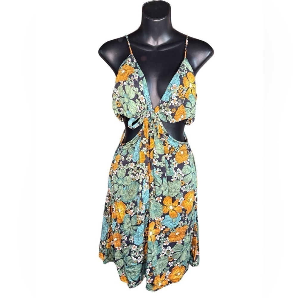Volcom floral strappy dress teal, orange and black side cutouts a tie front sz L